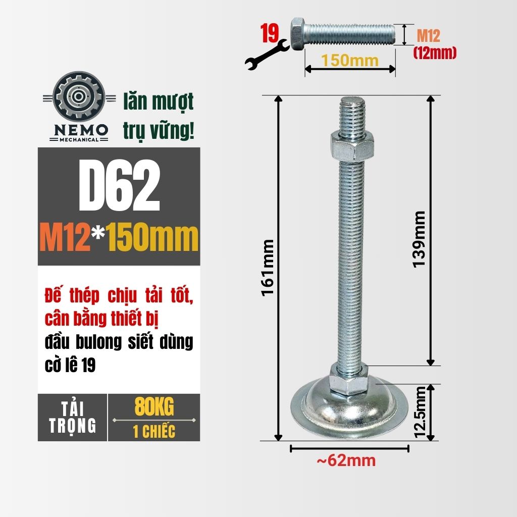 Chân Tăng Chỉnh Đế Thép Mạ Kẽm – Giải Pháp Cân Bằng Bàn Thao Tác & Băng Tải (M10, M12, M16)